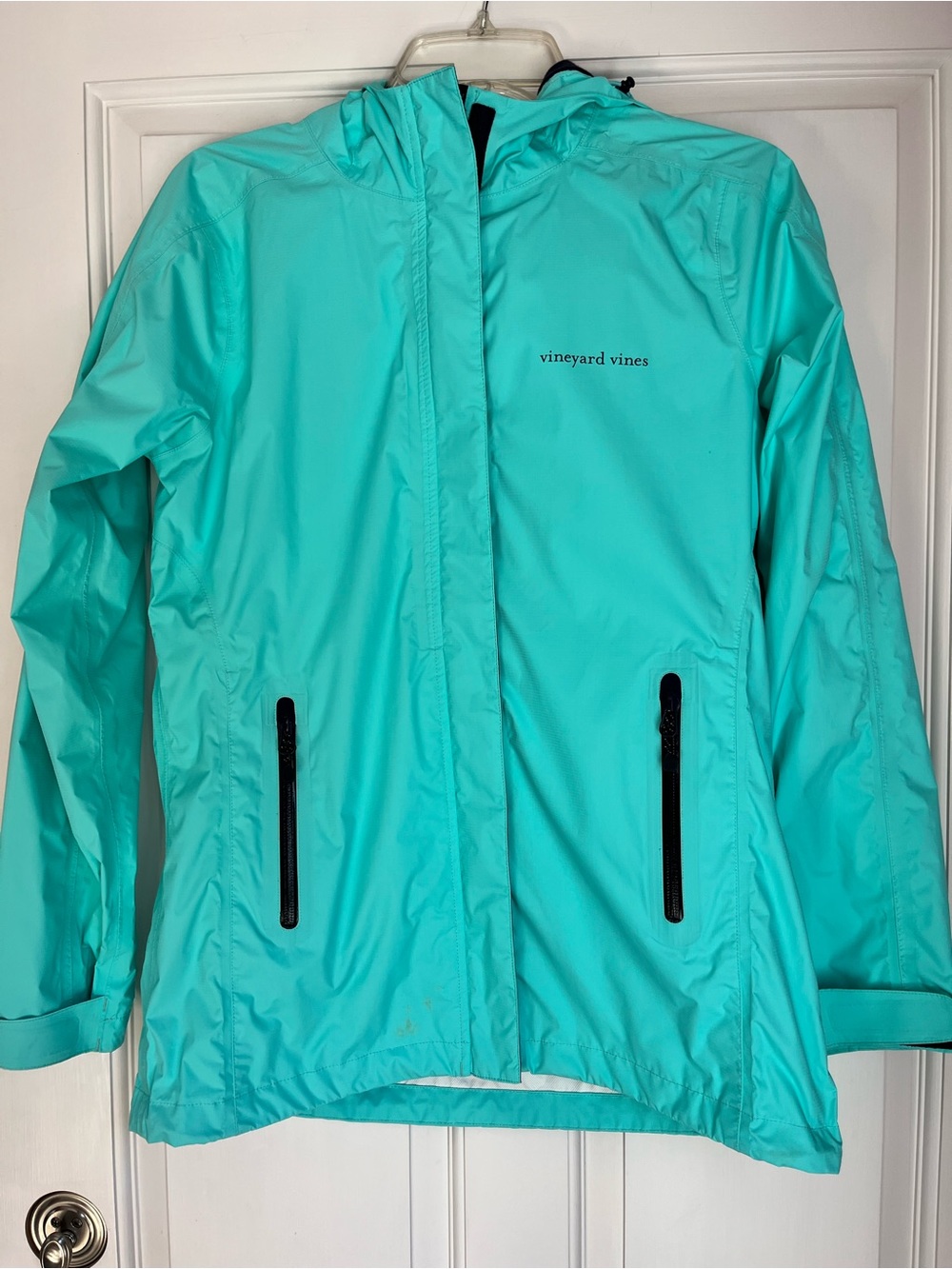 Vineyard Vines Green/Navy Lightweight Hooded Rain Jacket, size XS